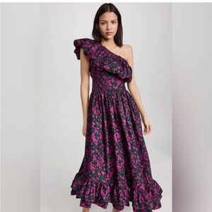 One-Shoulder Ruffled Floral Midi Dress in Magenta and Black